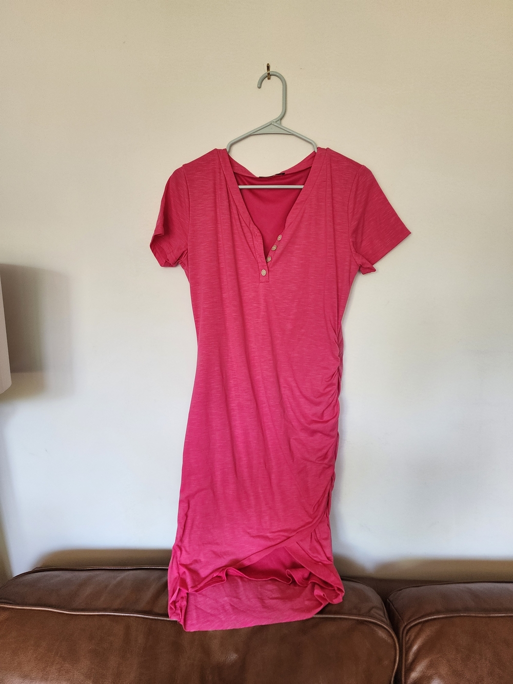 Pink Short-Sleeve Midi Dress with Button V-Neck
